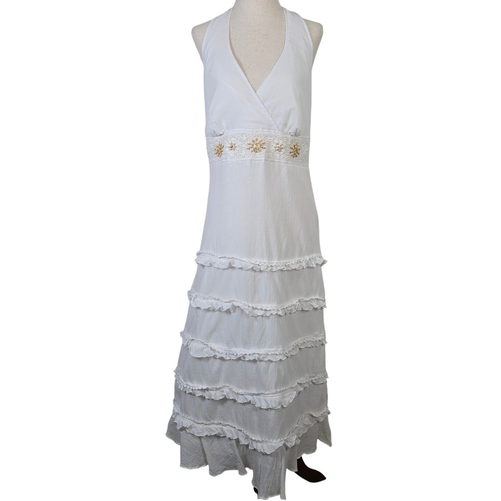 Robbie Bee White Cotton Tiered Ruffle Halter Maxi Dress Embroidered Waist 14
